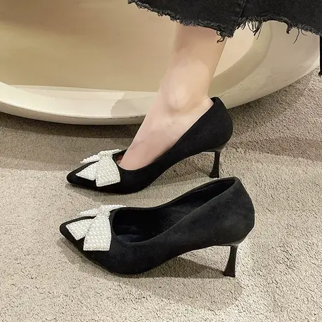 高跟鞋女2023年春夏新款蝴蝶结珍珠浅口一脚蹬女鞋黑色晚晚风单鞋商品大图