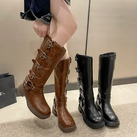 棕色复古骑士靴西部牛仔靴2023新款粗跟皮带扣不过膝高筒朋克长靴图片