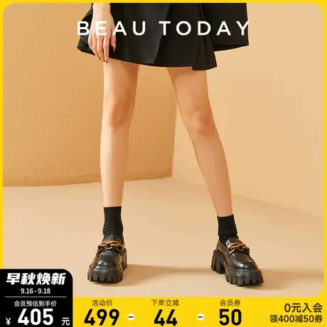 BeauToday厚底乐福鞋女真皮黑色链条BT复古英伦风小皮鞋单鞋女鞋商品大图
