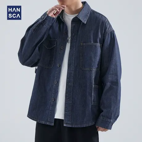 hansca日系蓝色牛仔衬衫男长袖秋季新款复古水洗宽松休闲衬衣外套图片