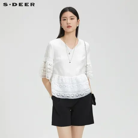 sdeer圣迪奥女装文艺V领花边肌理喇叭袖衬衫S232Z0404商品大图