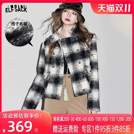 妖精的口袋格纹加厚外套女2023冬季新款学院风宽松短款休闲上衣商品大图