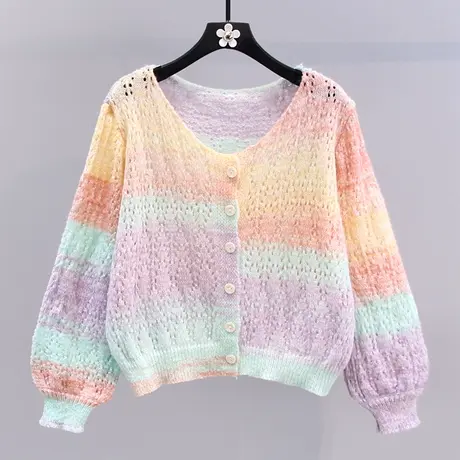 渐变彩虹条纹镂空毛衣开衫女2023早春新款宽松设计感洋气针织外套商品大图