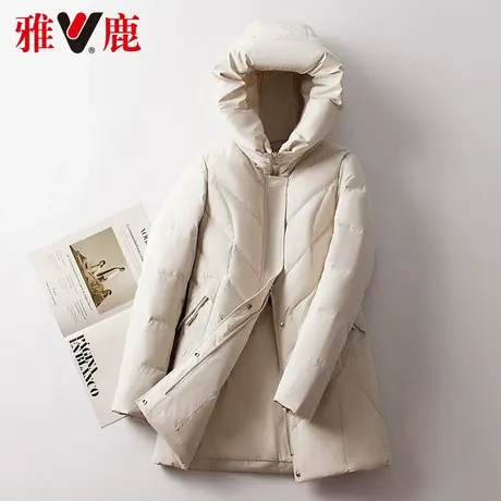 雅鹿中长款保暖羽绒服女2022冬季新款百搭宽松连帽白鸭绒外套正品商品大图