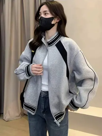 2023春秋季新款立领时尚外套女洋气休闲美式夹克撞色拼接棒球服潮商品大图