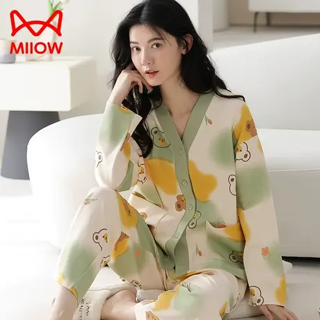 猫人睡衣女春秋季纯棉长袖长裤2023新款可外穿家居服套装2023新款图片