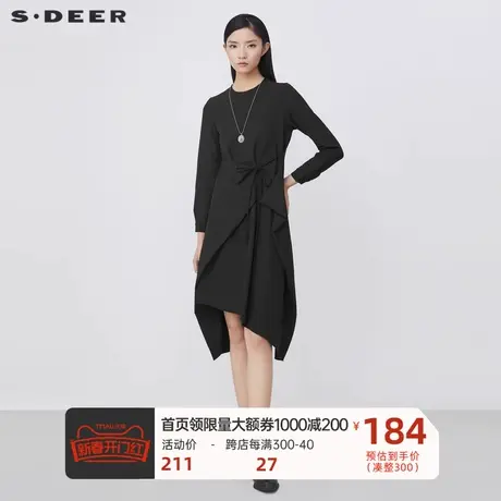 sdeer圣迪奥女装圆领系带拼接不规则长袖连衣裙S21481220图片
