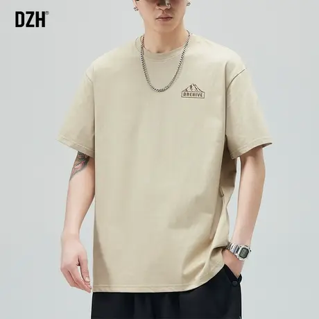 男士卡其色短袖t恤男夏季简约纯棉潮牌男款印花体恤圆领上衣男装商品大图