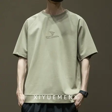 天丝莱赛尔钢印短袖T恤男2025夏季新款宽松大码男士插肩袖体恤衫商品大图