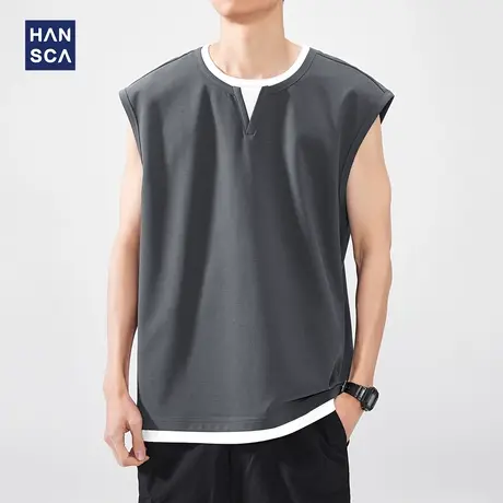 hansca撞色拼接休闲背心男2025夏季透气假两件纯色无袖运动打底衫图片