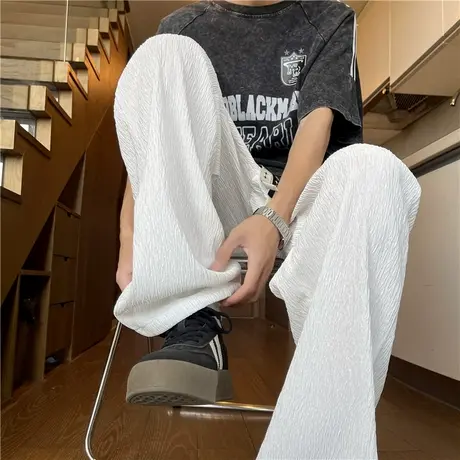 美式复古垂坠感冰丝凉感休闲裤男2025夏季新款潮流阔腿直筒运动裤商品大图