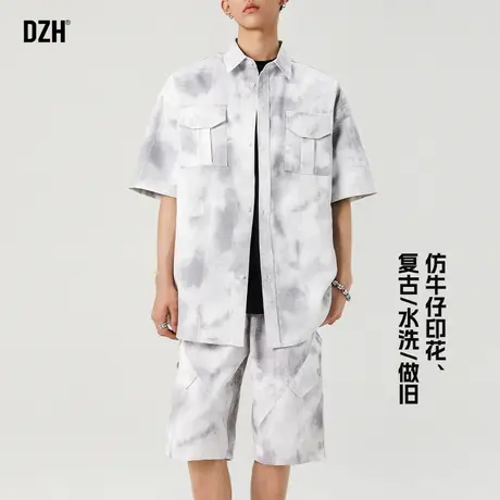 男士沾染工装套装男夏季短袖衬衫半袖上衣工装短裤五分裤宽松衣服商品大图