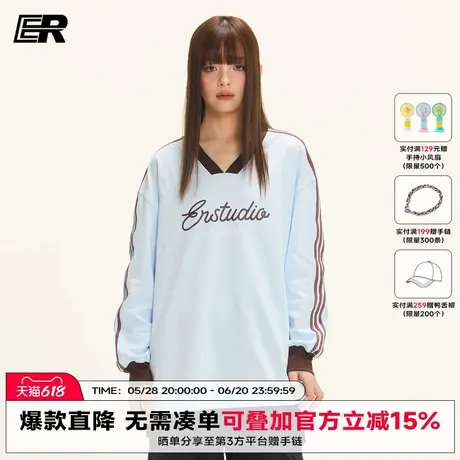 ER学院风V领天鹅颈长袖T恤2025秋季美式休闲复古运动球衣宽松上衣商品大图