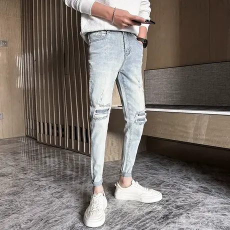 2023秋冬新品个性补丁乞丐破洞裤男潮牌修身小脚裤男显瘦铅笔裤子商品大图