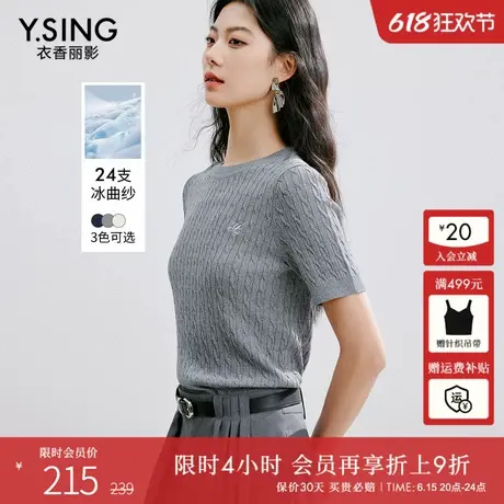 衣香丽影美式老钱风短袖针织衫女2025夏装新款冰曲纱凉感灰色上衣商品大图