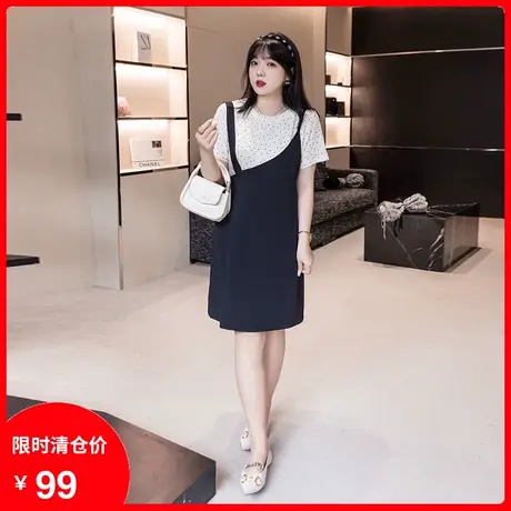 2023年夏季新款针织波点短袖上衣大码两件套显瘦胖mm不规则背带裙商品大图