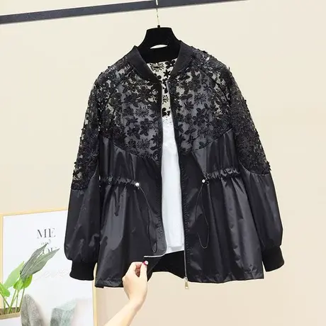 欧洲站2023春秋季立体花拉链抽绳风衣拼蕾丝风衣新款棒球服外套潮图片