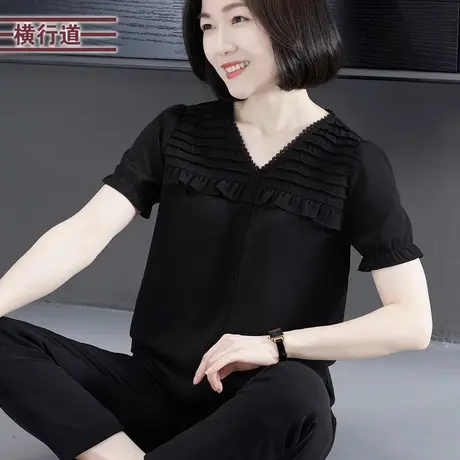 2023夏季新款简约纯色V领褶皱花边宽松短袖雪纺衫休闲女大码外穿图片