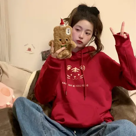 oversize虎年红色卫衣女大码冬款加绒2022本命年宽松国潮外套ins商品大图