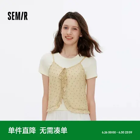 [商场同款]森马短袖T恤女短款碎花吊带修身上衣2025夏新款两件套商品大图