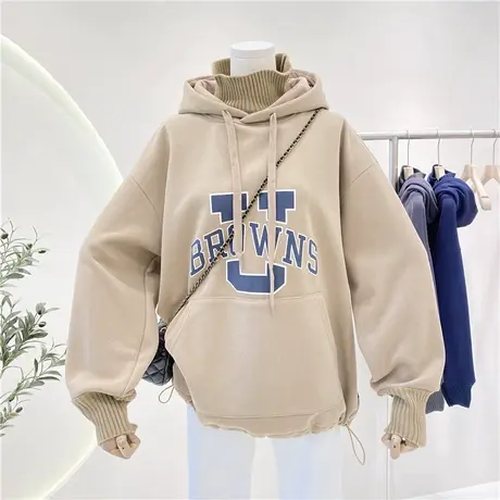 卫衣女加绒加厚2021秋冬新款拼接毛线高领宽松oversize连帽外套潮商品大图