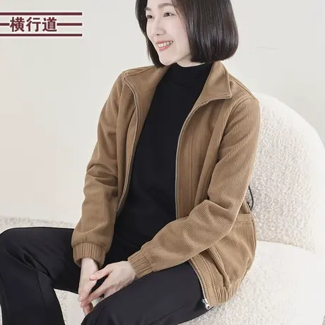 2023冬季新款纯色简约翻领加绒加厚灯芯绒拉链宽松长袖外套大码女图片