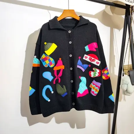 趣味重工刺绣毛衣开衫外套女2023秋冬新款学院风polo领针织衫上衣商品大图