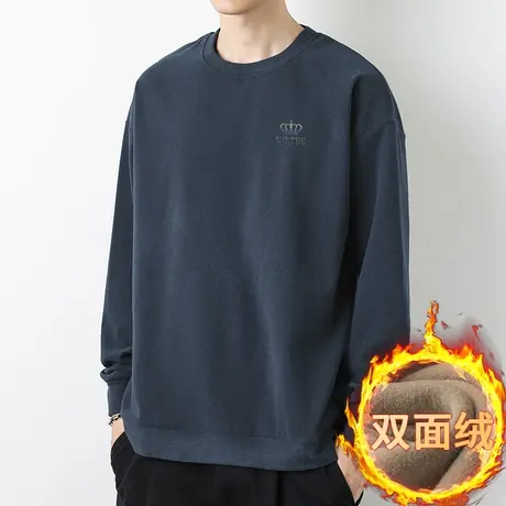 男士卫衣秋冬圆领套头无帽上衣服宽松潮流加绒保暖双面绒长袖t恤商品大图