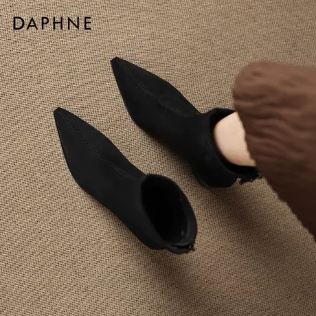 达芙妮尖头短靴女冬季高跟鞋2026新款黑色瘦瘦靴子踝靴马丁靴袜靴商品大图