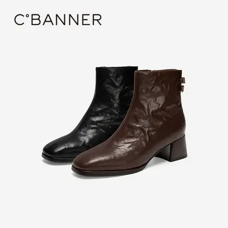 千百度手抓皮时装靴女2025冬季新款粗高跟羊皮靴增高通勤短靴子商品大图