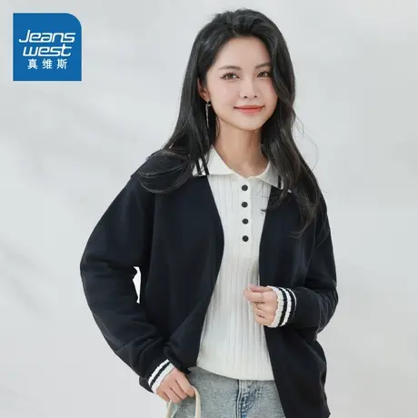 KF真维斯女装优雅黑色V领气质开衫2025秋季新品女式休闲针织外套图片
