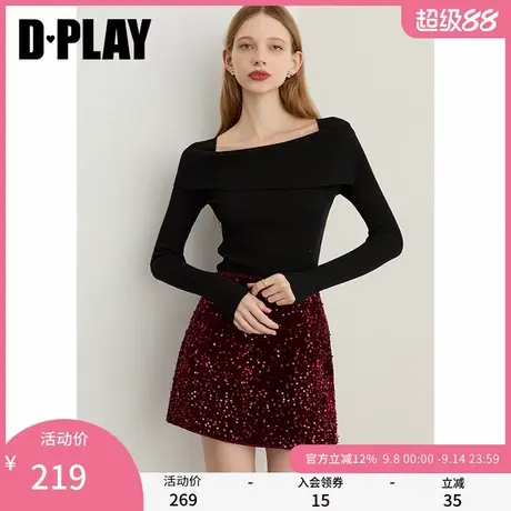 DPLAY2025年秋季新款黑色针织衫女流行洋气含羊毛修身打底衫上衣商品大图