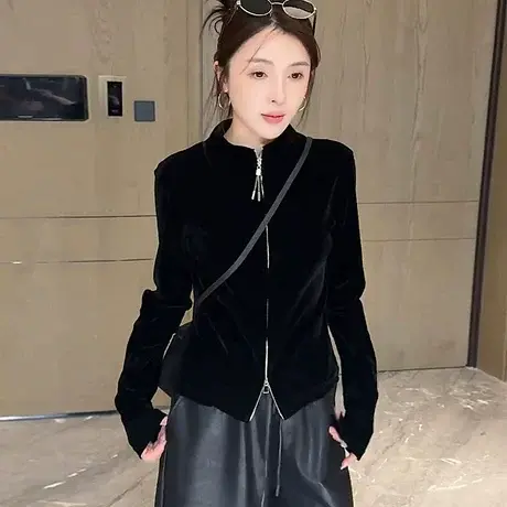 黑色双拉链丝绒长袖开衫外套女2025年秋季新款显瘦打底衫立领上衣商品大图