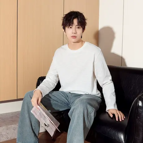 唐狮春秋新款长袖T恤男款男肌理感竹节棉纯棉长袖T恤潮流TD图片