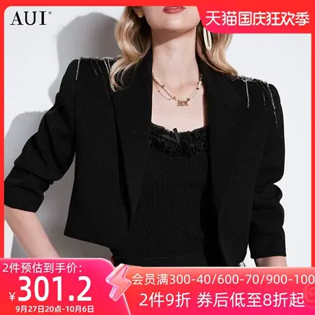 AUI黑色设计感短款西装外套女2023春秋新款御姐气质职业修身西服图片