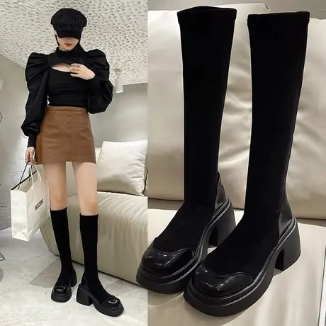 长靴女2023新款秋冬季厚底粗高跟靴子弹力瘦瘦靴不过膝高筒骑士靴图片