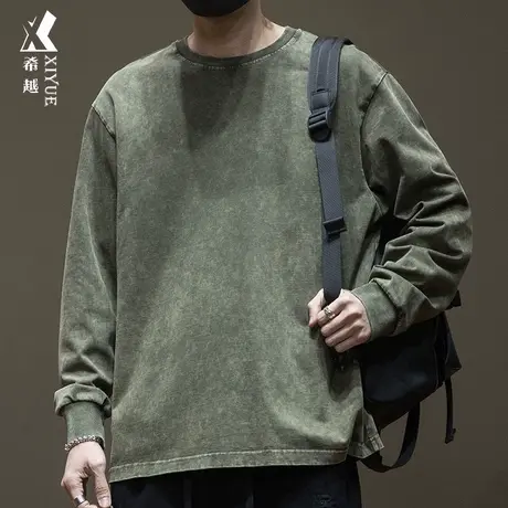 希越雪花洗重磅长袖T恤圆领男士打底秋冬季宽松大码美式纯色内搭商品大图