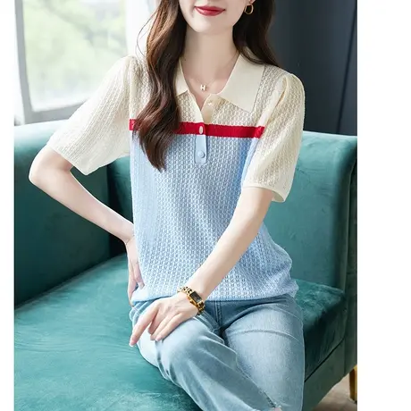宝诗黎翻领镂空短袖撞色针织衫女夏新款2023时尚简约外搭短款上衣商品大图