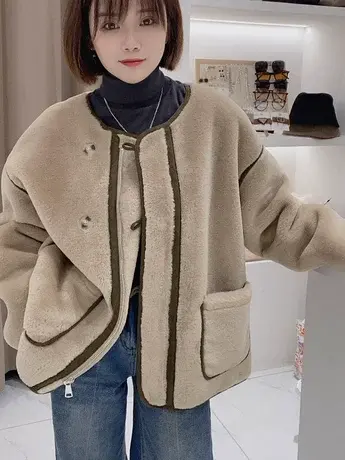 外套女秋季显瘦气质宽松小个子短款仿羊羔绒上衣冬季女装ins潮款商品大图