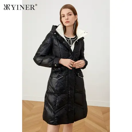 YINER音儿商场同款女装2021冬季新款中长款立体印花连帽羽绒服商品大图