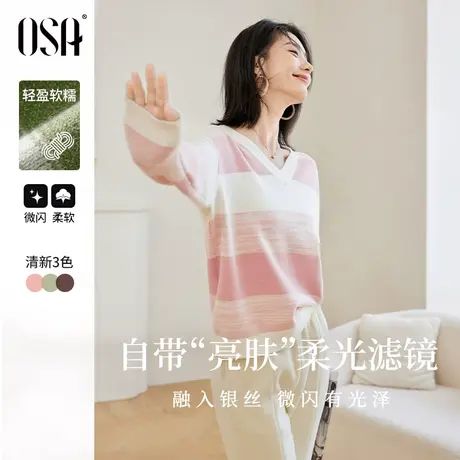 【香草云衫】欧莎草甸绿条纹上衣V领针织衫毛衣女秋冬季2023新款商品大图