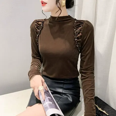 欧货烫钻木耳边上衣时尚丝绒半高领T恤女长袖洋气修身收腰打底衫商品大图