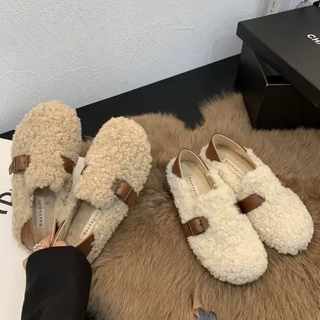 毛毛鞋女外穿加绒保暖豆豆鞋2023年新款冬季勃肯鞋一脚蹬孕妇女鞋商品大图