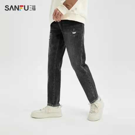 三福2023冬男士小脚破洞牛仔裤 潮流户外时尚直腰长裤男477100图片