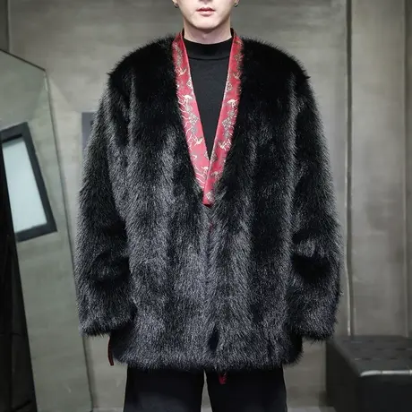 秋冬重磅仿皮草外套中国风男女情侣款汉服道袍新中式唐装国潮夹克商品大图