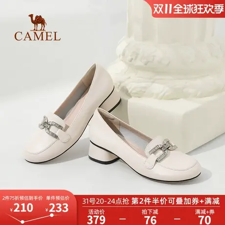 骆驼女鞋2023秋冬新款真皮圆头中跟休闲乐福鞋小皮鞋粗跟单鞋女图片