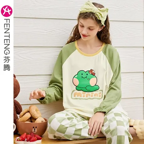 芬腾布朗熊睡衣女纯棉长袖套装春秋季可爱宽松休闲全棉大码家居服商品大图