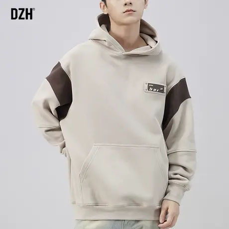 男士杏色拼接卫衣男重磅连帽2023新款加厚宽松上衣连帽衫秋冬外套商品大图
