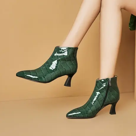 真皮头层牛皮气质舒适皮里短靴里外全皮软面软皮优雅尖头高跟靴女图片