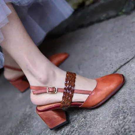 Artmu阿木【换季清仓】原创复古粗跟凉鞋真皮编织新款带包头凉鞋商品大图